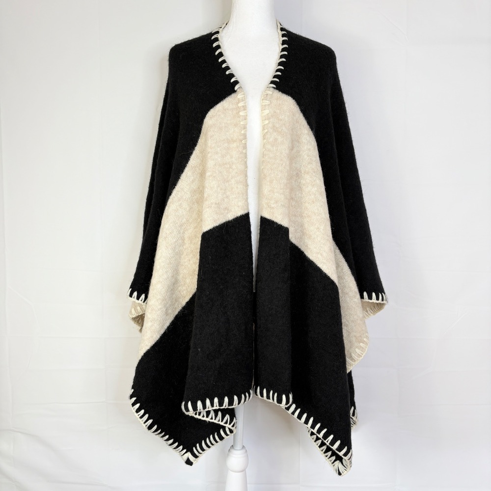 Alice + Olivia Black Open Cardigan Stitch‎ Trim Poncho Cape OS Black Cream